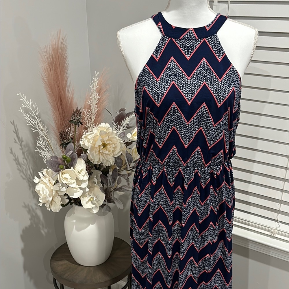 Chevron Patterned Navy and Pink Dress